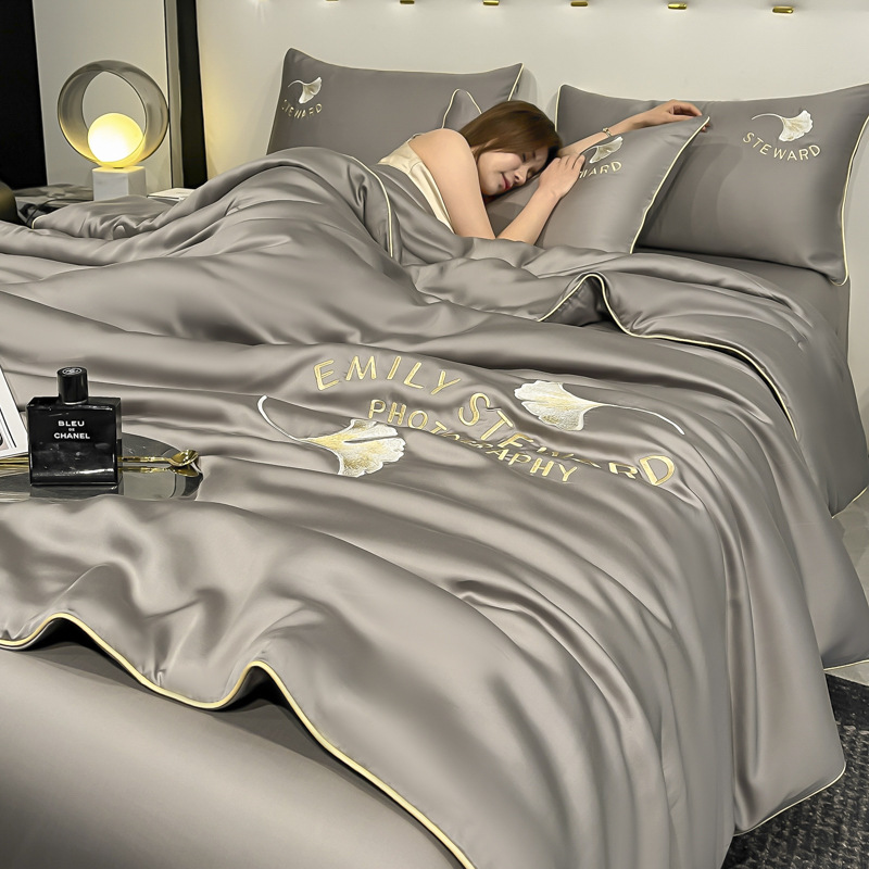 Picture of Washed Ice Silk Summer Quilt Four-piece Solid Color Embroidered Cool Air Conditioned Quilt Summer Gift Summer Quilt Summer Thin Quilt