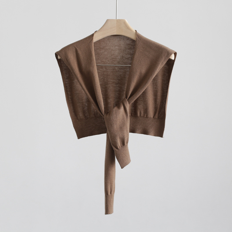 Picture of Core-spun Yarn Knitted Shawl Women's Spring and Autumn Outer Waistcoat Solid Color Shoulder Thin Cardigan Summer Knot False Collar Scarf