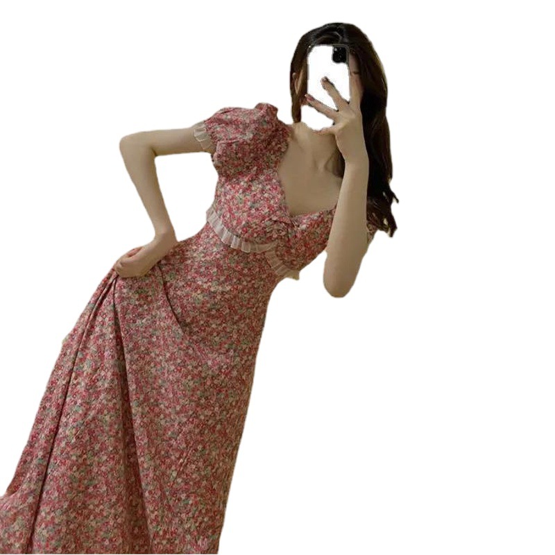 2024 French Style Puff Sleeve Floral Dress Thin Summer Mesh Stitching Slimming Tea Break Princess Midi Dress