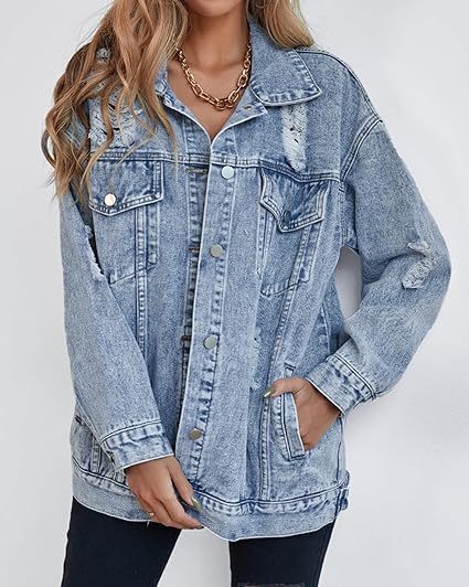 Picture of Cross-border Amazon TEMU Women's New Oversized Denim Jacket Boyfriend Ripped Dressed Denim Jacket Coat Women