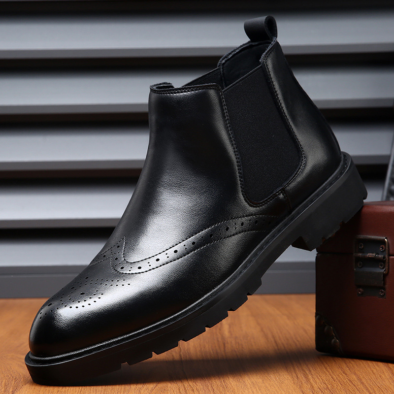 British Style Chelsea Ankle Boots Men's Leg Martin Boots fleece-lined Joker Brock Carved Business Ankle Leather Boots
