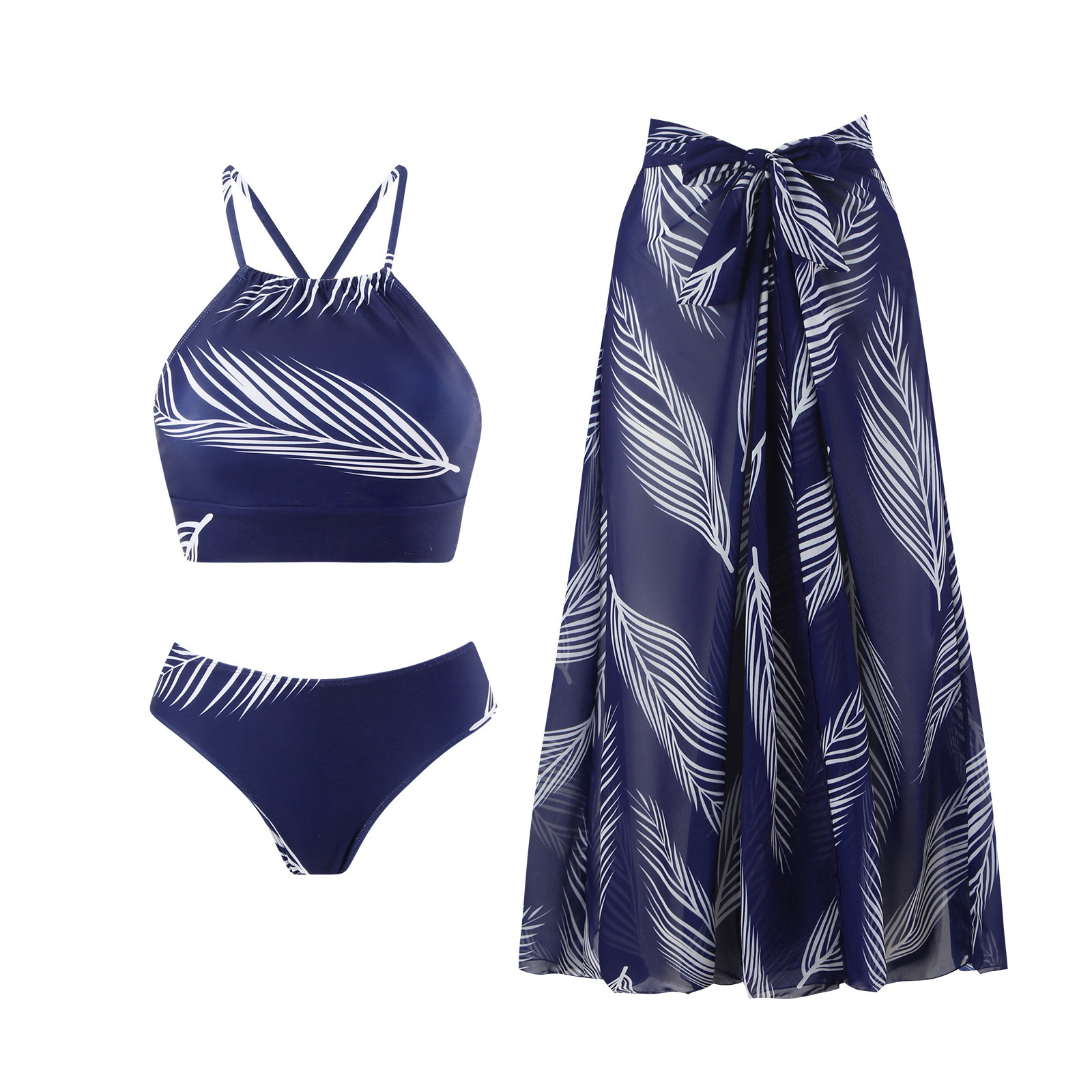 Cross-Border Foreign Trade New Split Bikini Sexy Three-Piece Conservative Skirt Style Slimming Fashion Printed Swimsuit in Stock
