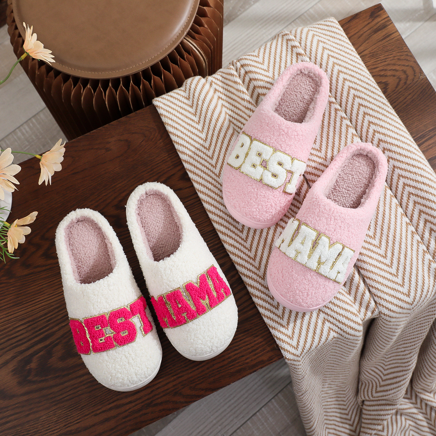 25 New European and American Cross-Border Mama Cotton Slippers Glitter Embroidered Warm Home Wool Slippers Christmas Mother's Day Gift