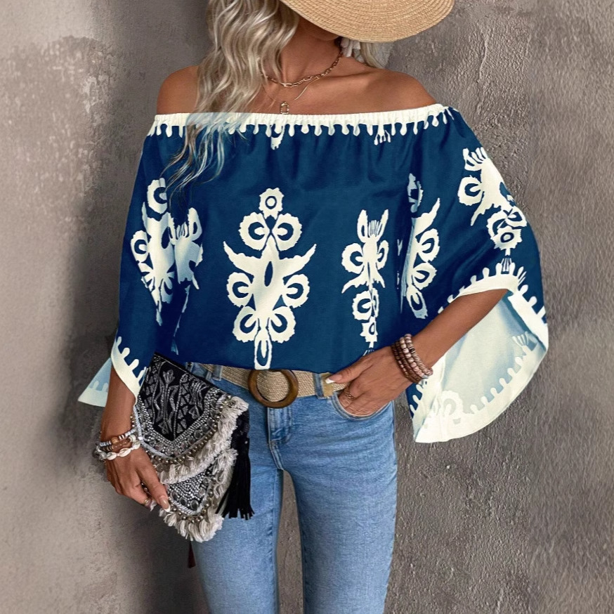 Picture of Amazon 2025 AliExpress Cross-border European and American New Fashion Loose Printed Bat Sleeve Top for Women