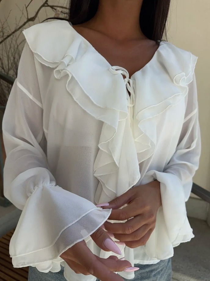 Picture of Spring European and American Style Cross-Border Women's New Fashion Ruffled Bell Sleeves V Neck Lace-Up Cross-Border Shirts for Women