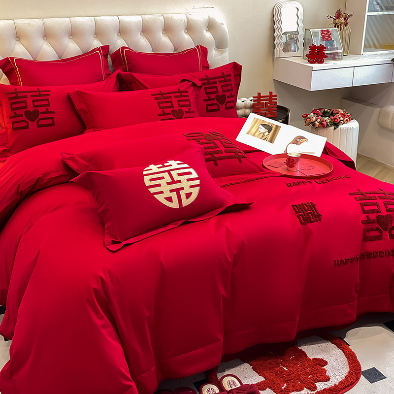 Picture of High-end European-style Wedding Four-piece Cotton Big Red Embroidered Sanding Quilt Cover Wedding Bedding Accompanying Wedding Room