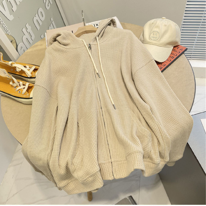 Picture of Waffley Hooded Sweater Women's Autumn New Loose Zipper Jacket Slimming Design Sense Long Sleeve Cardigan Top for Women