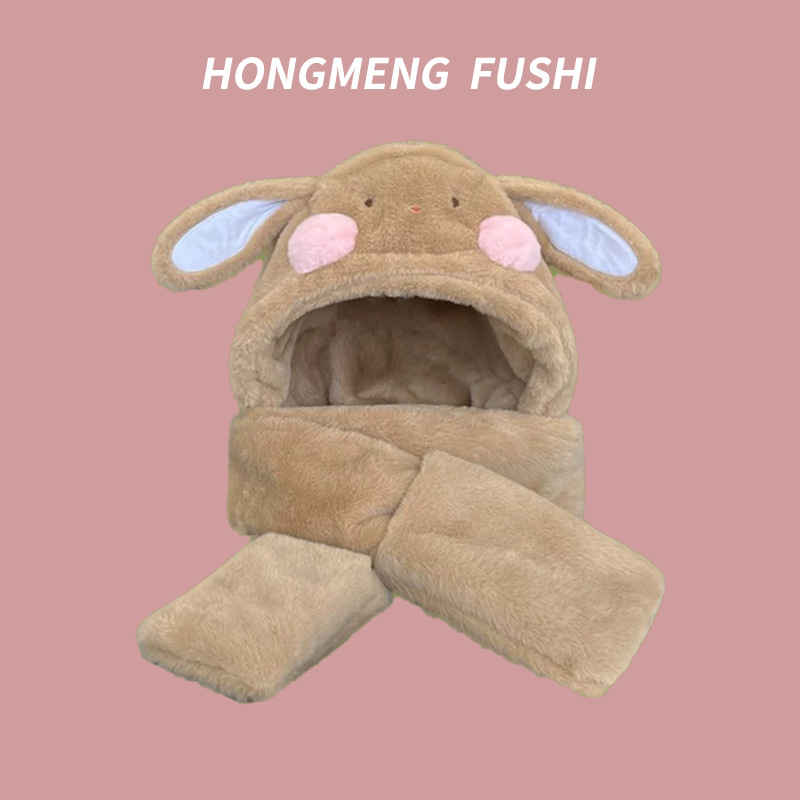 Picture of Winter plush hat scarf gloves one female rabbit autumn and winter three-piece cute thick scarf warm windproof