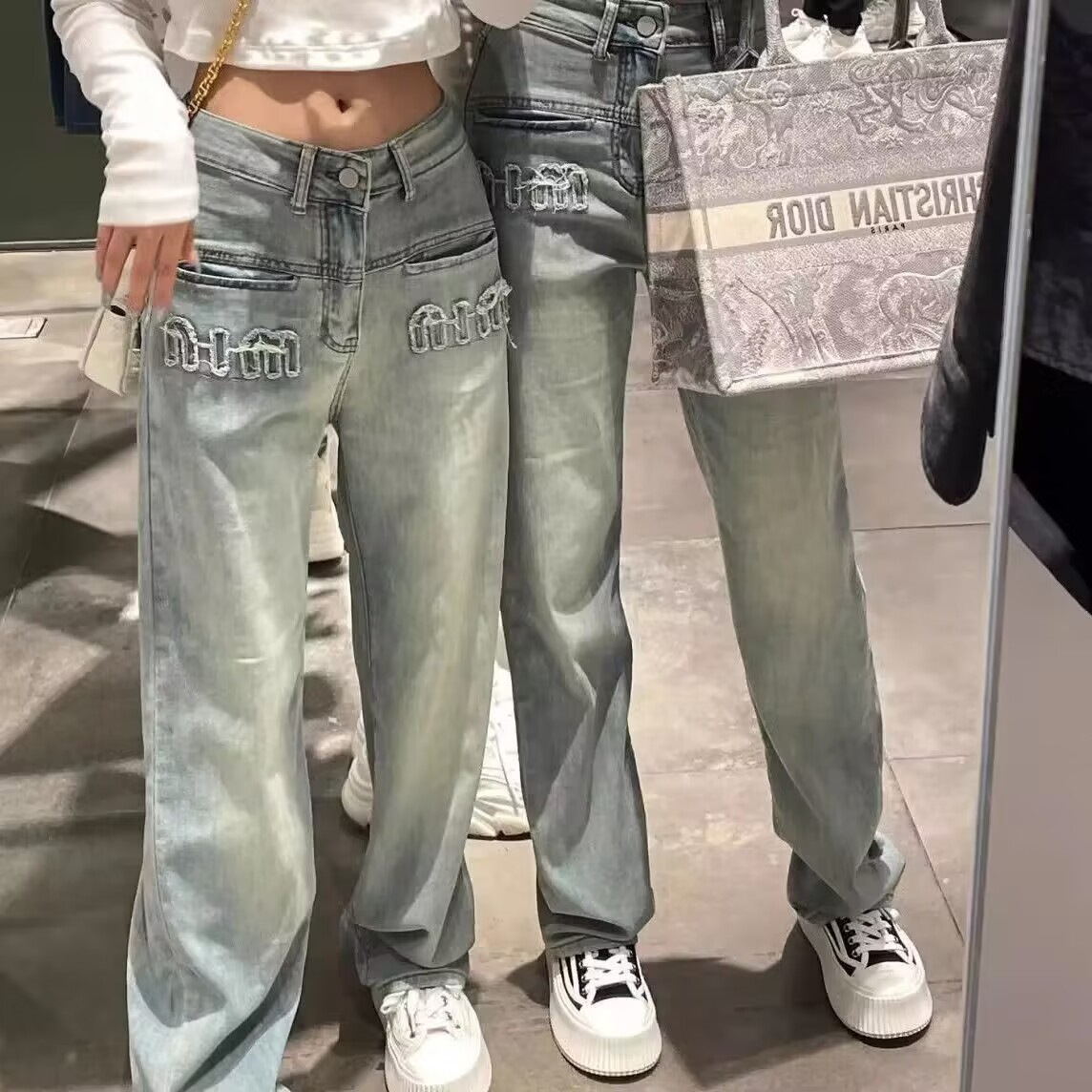 New Street Casual Retro Hot Girl Gradient Jeans Women's Easiest for Match Straight-leg Wide Leg Floor-mopping Trousers