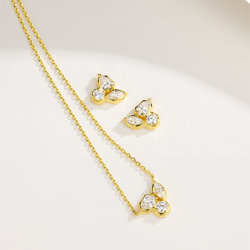 Three Diamond Leaves Shining Earrings Necklace suit High-end Niche All-match Simple 925 Silver Gold Plated Live Earrings