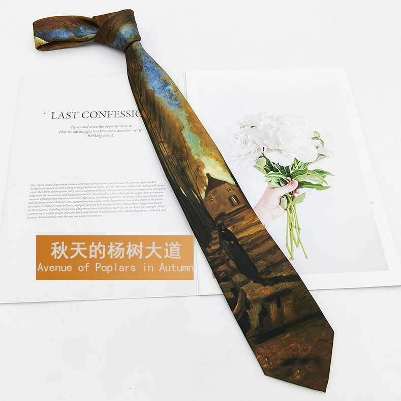 Picture of Van Gogh Oil Painting Men's Polyester Printed Vintage Tie Factory in stock Fashion Casual Tie Hand Tie 8cm