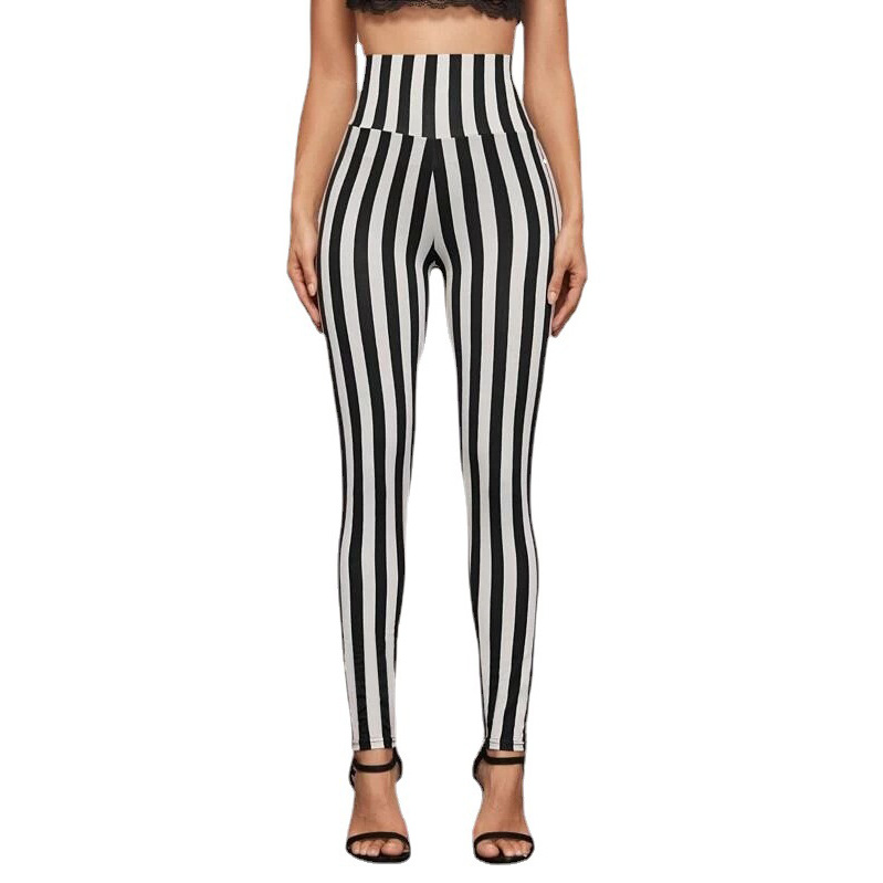 Picture of Factory self-produced LAZADA black and white vertical stripes high waist leggings cropped leggings Southeast Asian supply