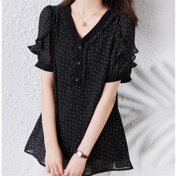 Picture of Real Shot chubby girl Printed Elegant Short-sleeved Shirt Summer New Belly Covering Loose Slim T-shirt Top