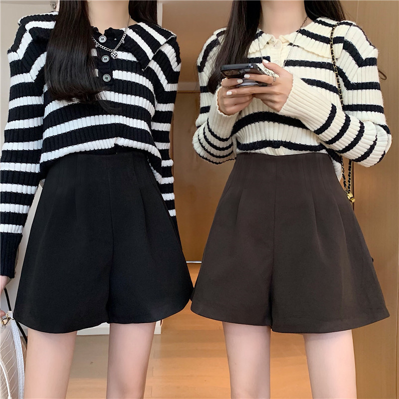 Autumn and Winter simple boot pants black woolen casual pants women's small high waist slimming wide leg loose straight shorts