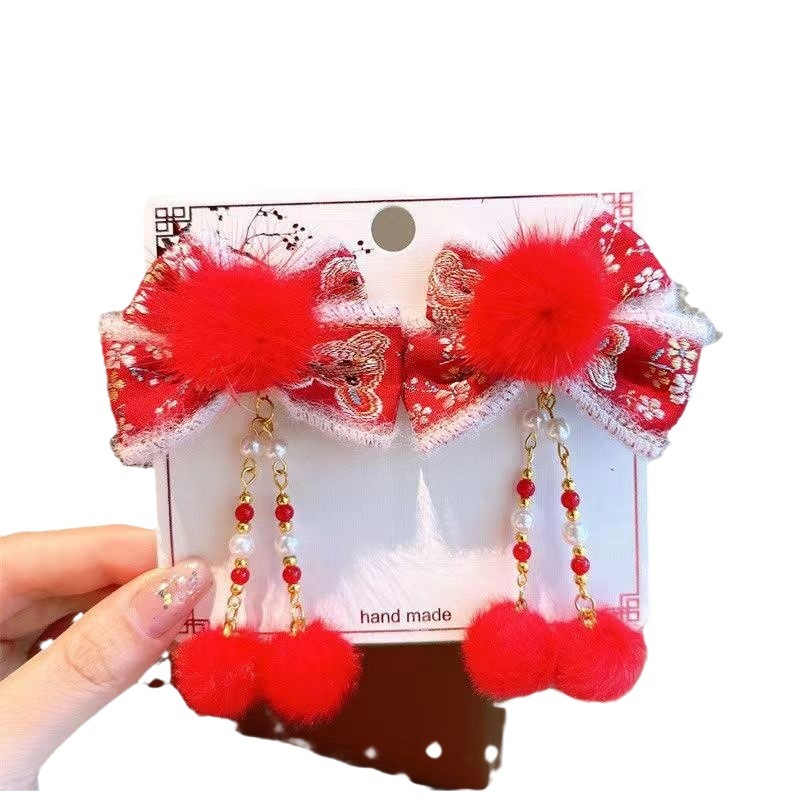 New year children's ancient style hanfu bow headdress little girl red festive tassel Chinese style New Year hair accessories