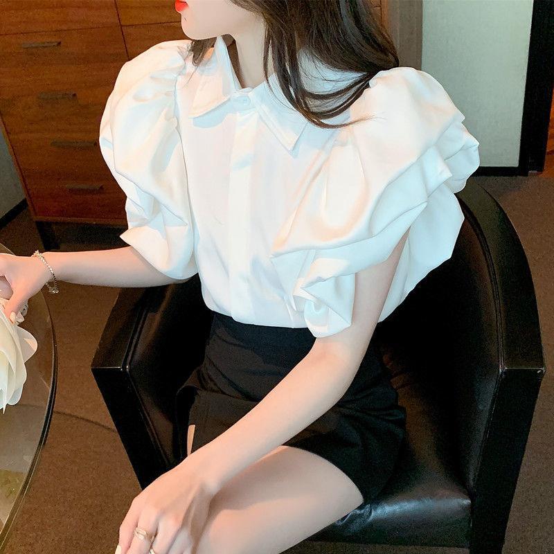 Picture of 2024 Summer New Petal Puff Sleeve Inner Top Women's Design Niche Retro Lapel Short Shirt
