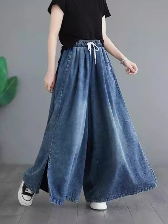 European and American Style Women's plus size Loose Wide Leg Jeans Women's Artistic Simple Split Casual Pants High Waist Straight Pants