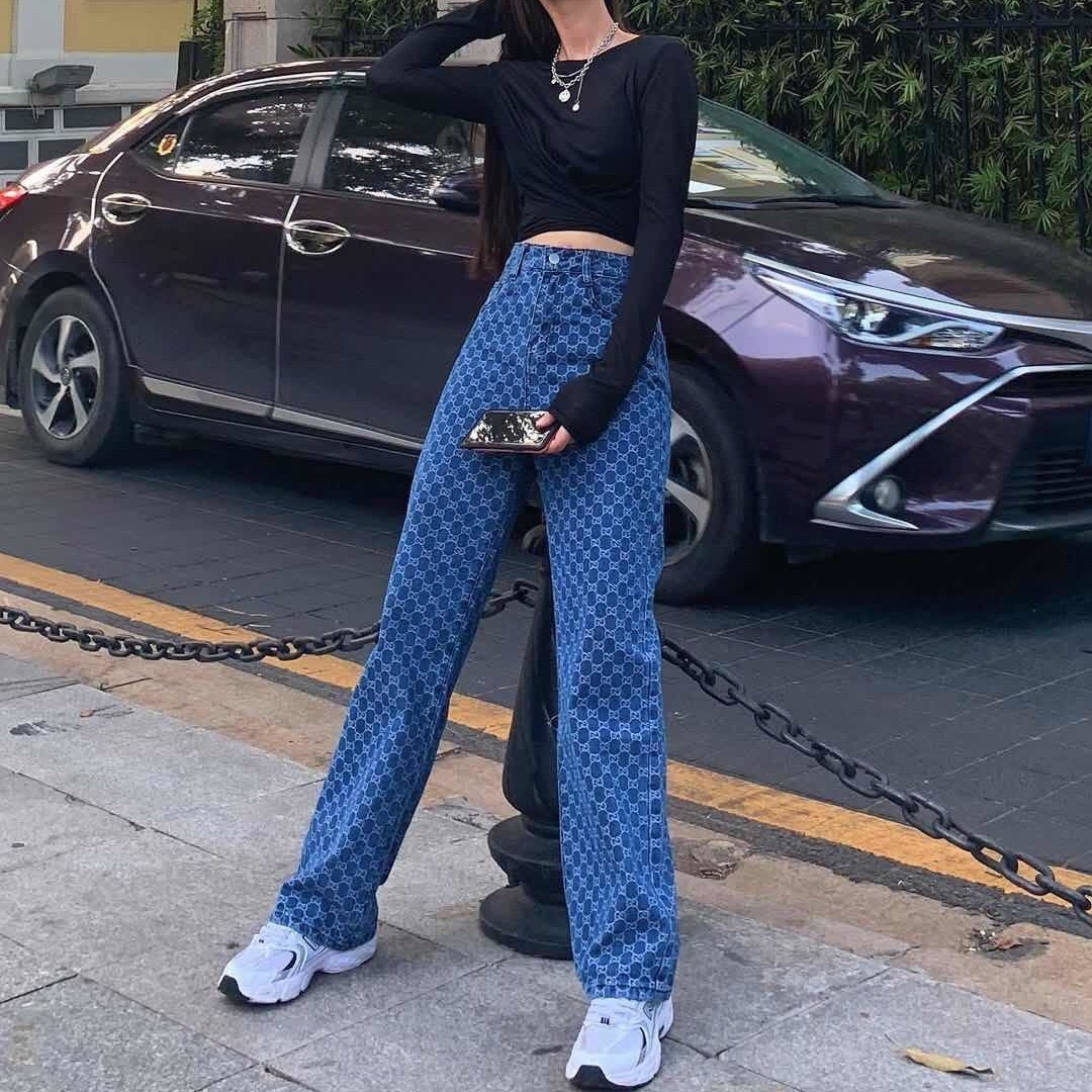 2021 Spring and Summer New Retro Hong Kong Style High Waist Loose Draping Straight Printed Jeans Trendy Wide Leg Trousers