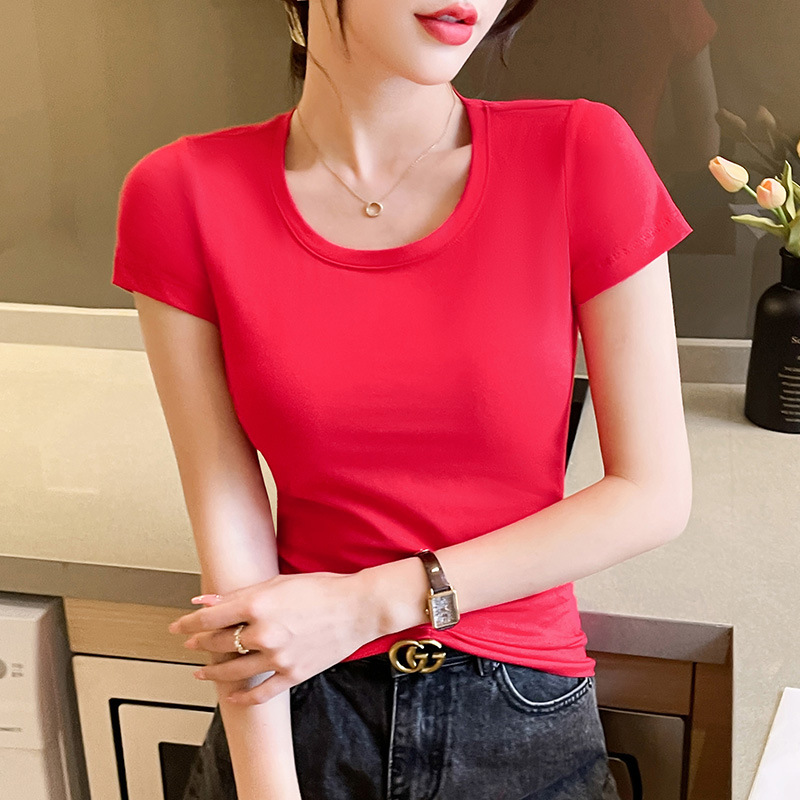 Chinese Red Red Slim-fit Short-sleeved T-shirt Women's 2023 Summer New Solid Color All-match Top Pure Cotton T-shirt