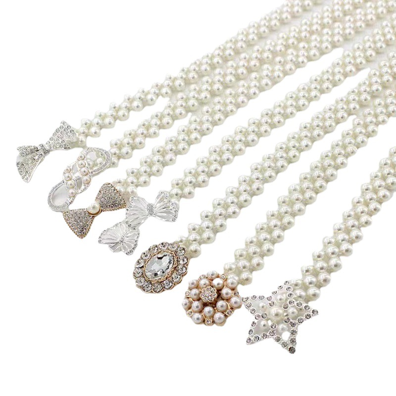 Rhinestone Pearl Korean Style Waist Chain Women's Fashion Dress Decorative Elastic Belt Sweet Flower Elastic Waistband