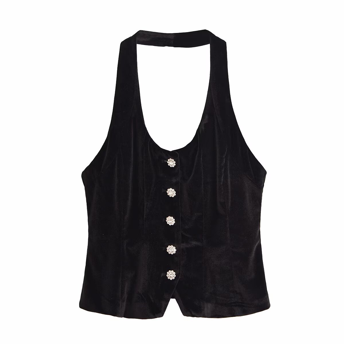 Button Velvet Sleeveless Neck Vest Top 2025 Spring New Cross-border European and American Fashion Women's Vest