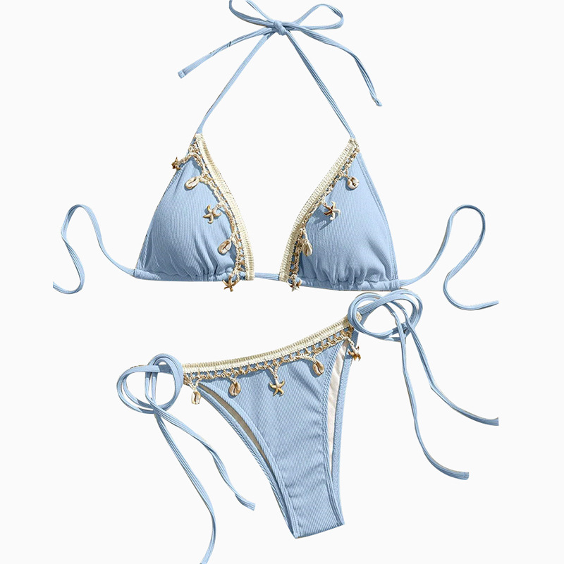 2025 European and American New Solid Color Split Swimsuit Women's Fashionable Hanging Neck Strap Sexy Bikini Lace Split Swimsuit