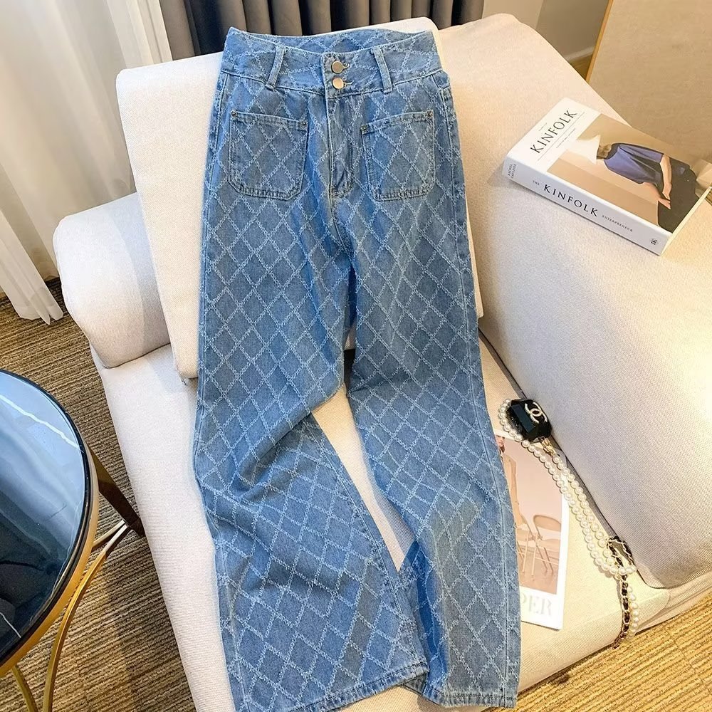 Design Sense Niche Women's Jacquard High Waist Wide Leg Jeans Women's Autumn 2024 New Straight Tube Trendy Mop Pants