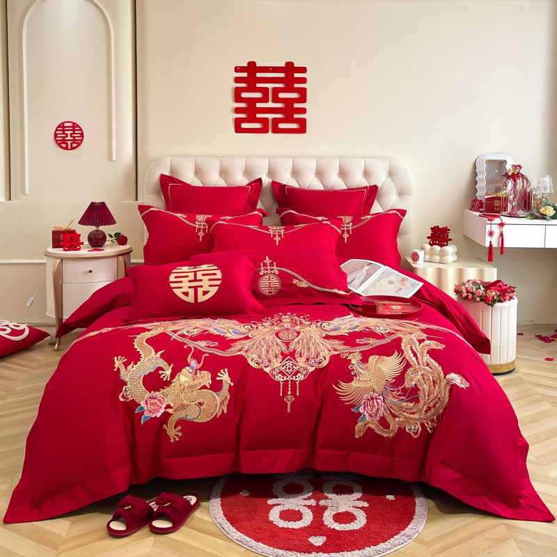 Picture of Y * J Chinese Dragon and Phoenix Embroidery Big Red Wedding Four-Piece Set Wedding Accompanying Cotton Six-Piece Bed Sheet Quilt Cover Bed