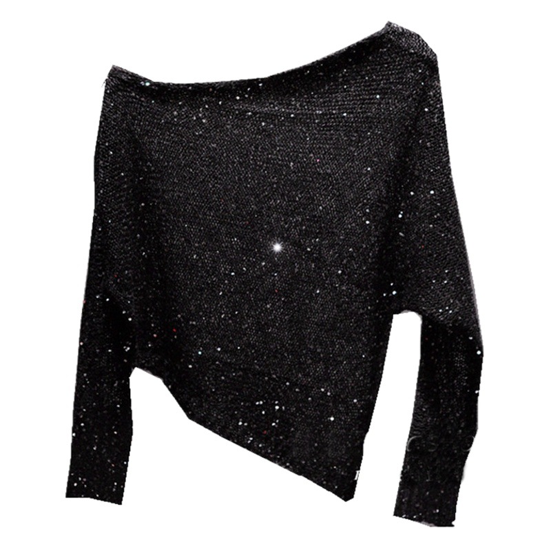 Han En's Hollow Shoulder Thin Sequin Knit Shoulder Leakage Sexy Short Version Exhibit Waist Long Sleeve Top Women's Fashion