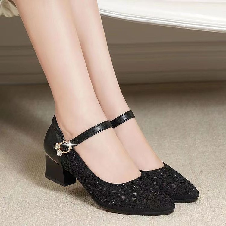 Sandals Women's 2025 New Mid-heel Sandals Mesh Sandals Hole Shoes Hollow Breathable Single-layer Shoes Thick Heeled Soft Sole Mother