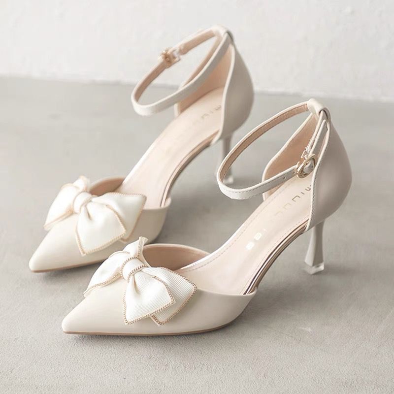 French Mid-heel Thin-heel Bow Shoes 2024 Summer New Fairy Shoes Gentle with Skirt Pointed High-heeled Shoes for Women