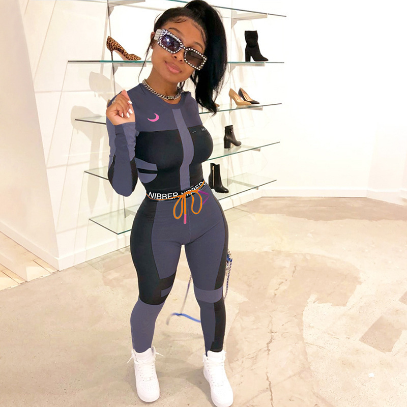 European and American style Foreign trade cross-border sexy tight new women's clothing printing contrast color long sleeve sports fitness suit