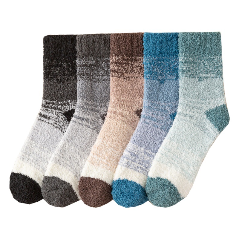 Men's winter fleece-lined thickened socks gradient color mid-calf length socks home floor socks casual coral velvet socks