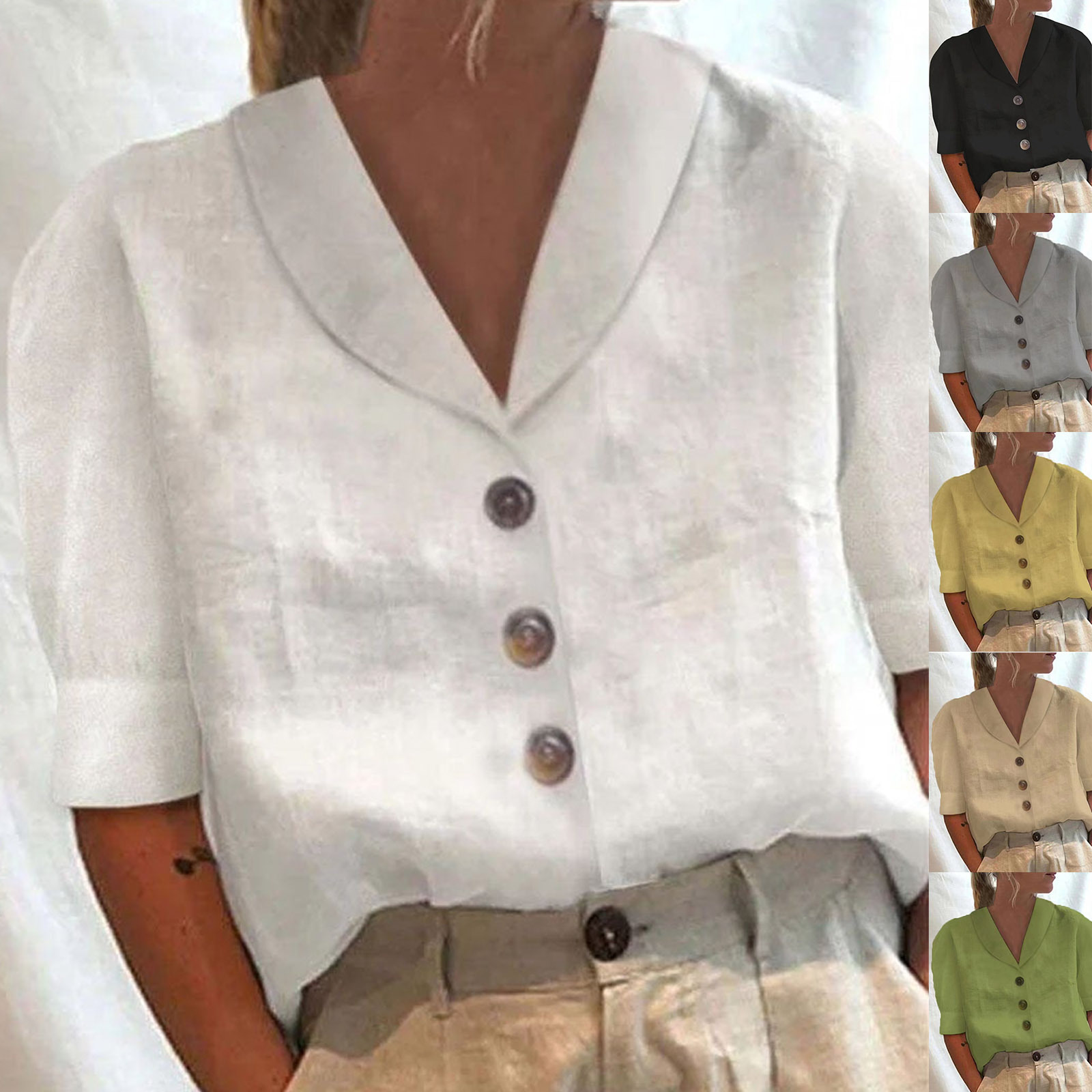 2023 New AliExpress Amazon Women's Shirt Collar Button Casual Long and Short Sleeve Cotton and Linen Solid Color Top Women