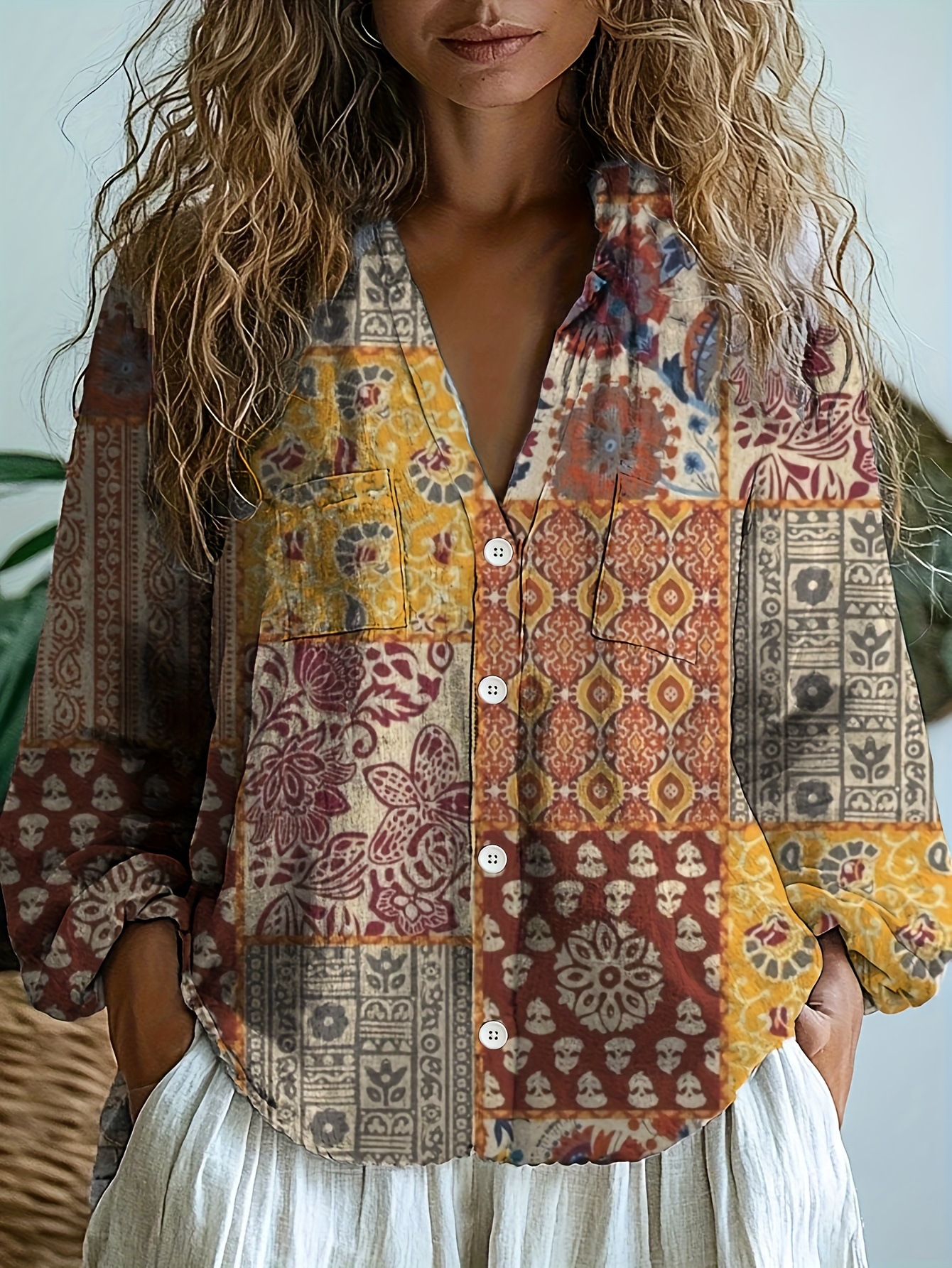 Picture of Spot Cross-Border Women's Casual Work Clothing Shirt Western Ethnic Style Geometric Print Long-Sleeved Women's Shirt