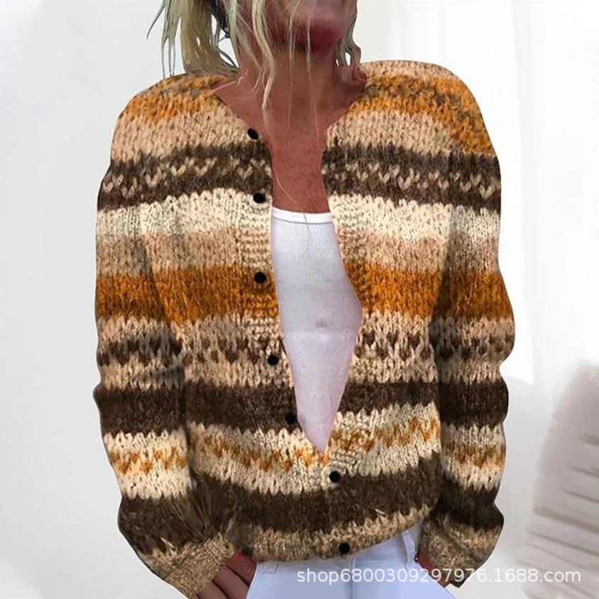 Picture of In stock new European and American cross-border Amazon loose cardigan long sleeve crew neck 3D printed sweater women's knitwear