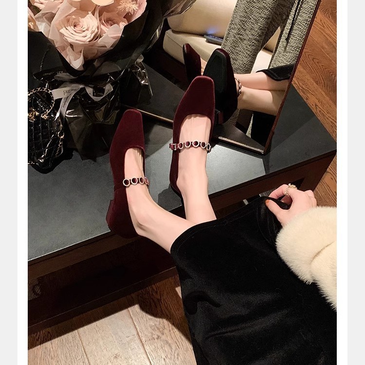 Grape Mom Same Style French Square Toe Shallow High-heeled Shoes Single-heeled Diamond Belt Low-heeled Suede Mary Jane Shoes Women's Spring and Autumn