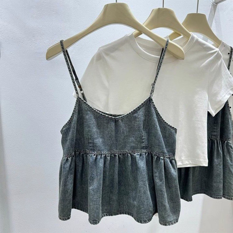 Women's Pleated Hem Ruffled Design Summer Loose Short Top Stacked Age-reducing Denim Camisole V-neck Vest