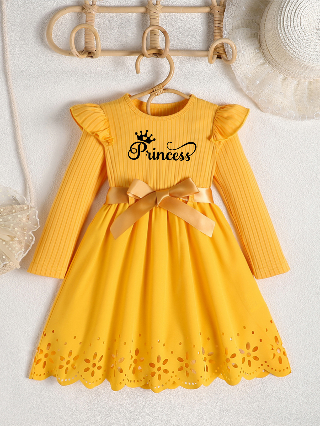 Picture of Autumn new girls princess letter printed bow belt round neck long sleeve hollow dress