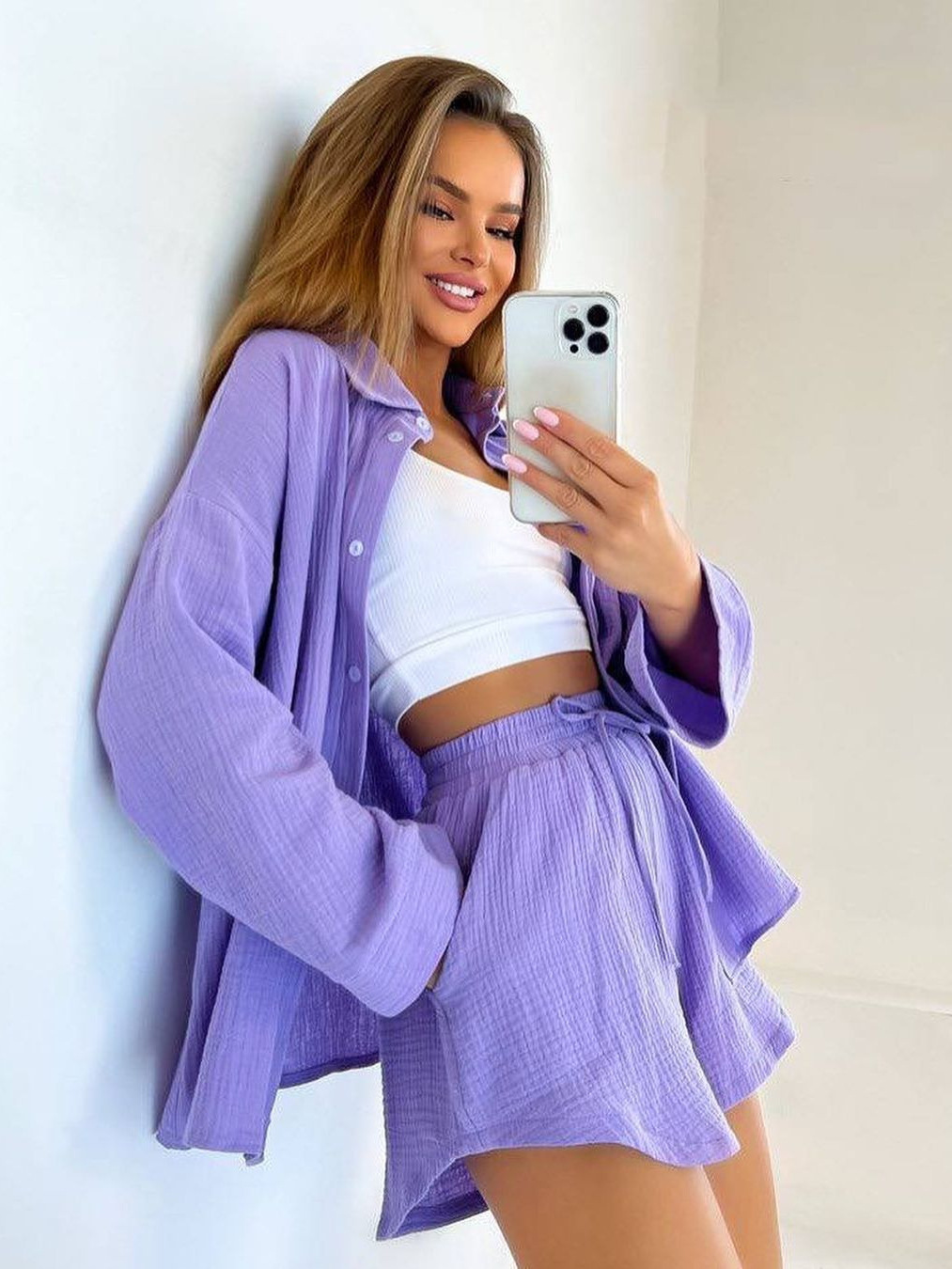 2023 European and American Cross-Border Amazon Export New Long-Sleeved Commuter Shirt Shorts Suit for Women