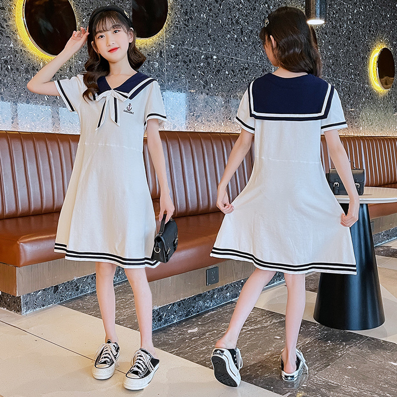 Girls Dress Summer New Style Western Style Junior High School Summer Dress 10 to 13 Years Old Children's Internet Celebrity Navy Collar Princess Dress