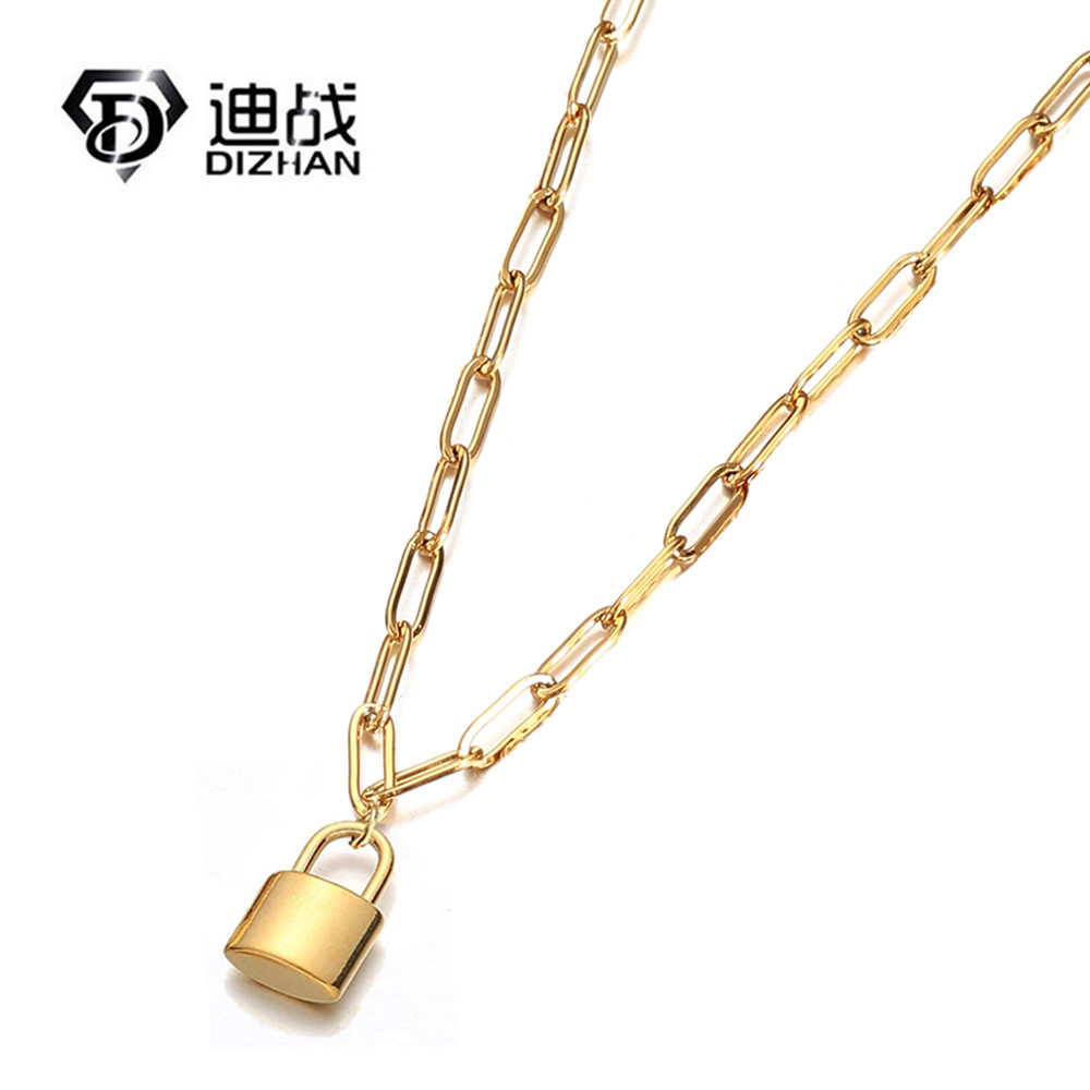 European and American Style Stainless Steel Paperclip Chain Padlock Pendant Clavicle Charm Personality Necklace