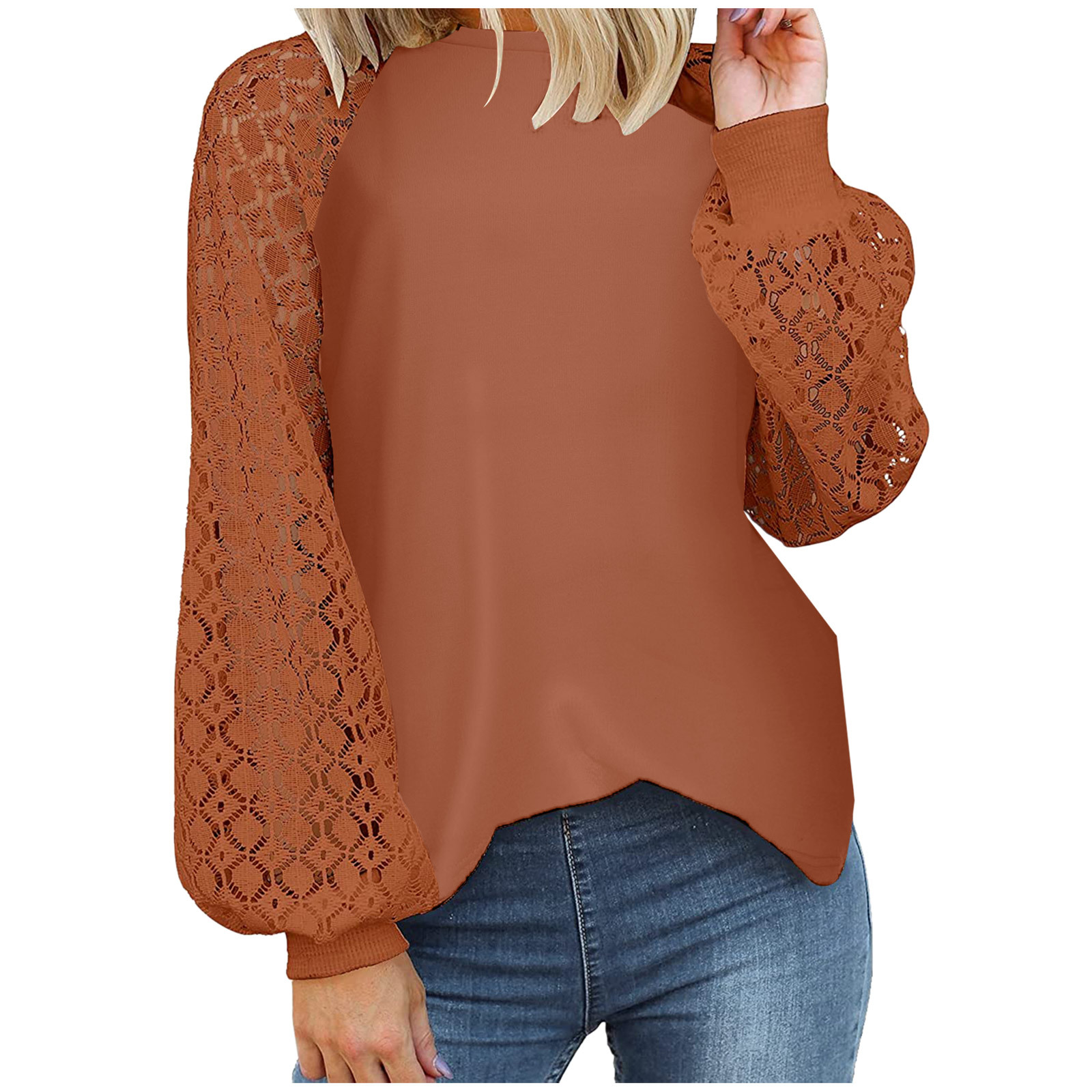 Picture of 2025 New Women's Clothing Amazon Cross-Border Round Neck Long Sleeve Lace Patchwork Loose Top for Women