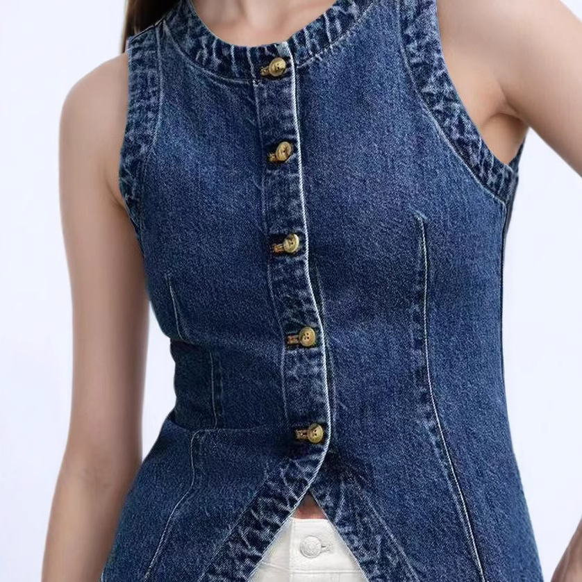 Picture of European and American Foreign Trade Cross-Border Women's Clothing Autum New Amazon Washed Button Round Neck Sleeveless Denim Vest