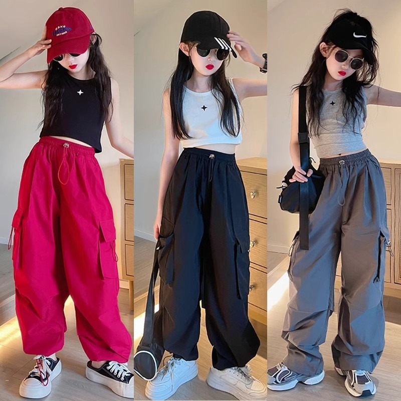 Girls' Overalls 2024 Summer New Arrival Children's Boys' High-Level Casual Hip-Hop Sports All-Match Loose Long Pants