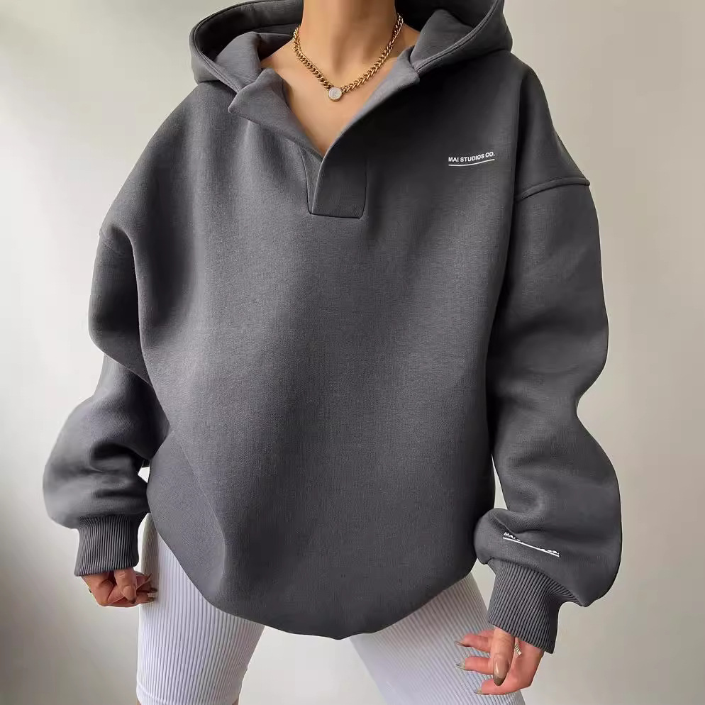 2023 European and American Cross-Border New Velvet Hooded Printed Long-Sleeved Basic Versatile Sweatshirt Amazon V Neck Velvet Sweater