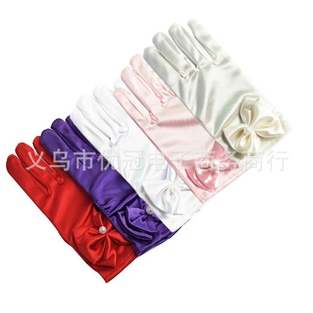 Amazon Hot Sale Pink White Wedding Bow Pearl Short Gloves Children Dance New Short Gloves