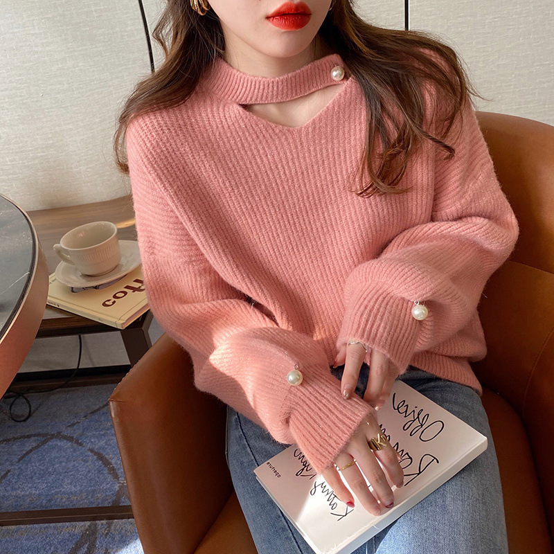 Picture of Design Sense Niche Sweater Women's 2024 Autumn and Winter New Loose Korean Style V-neck Pink Hollow Sweater Top