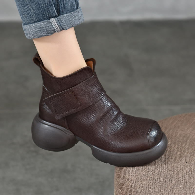 Small Thick-Soled Genuine Leather Boots for Women with Velcro First-Layer Cowhide Retro Round-Toe Short Boots for Women
