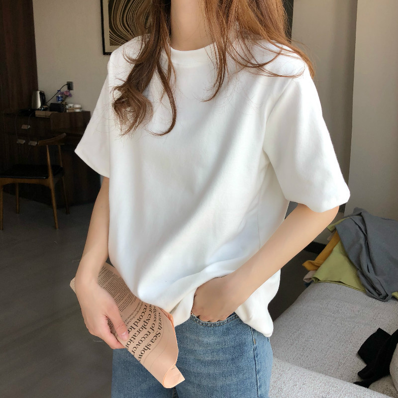 White Short-Sleeved T-Shirt for Women in Summer 2025 Loose Simple Pure Color T-Shirt Korean Style Round Neck with Five-Point Top Trendy